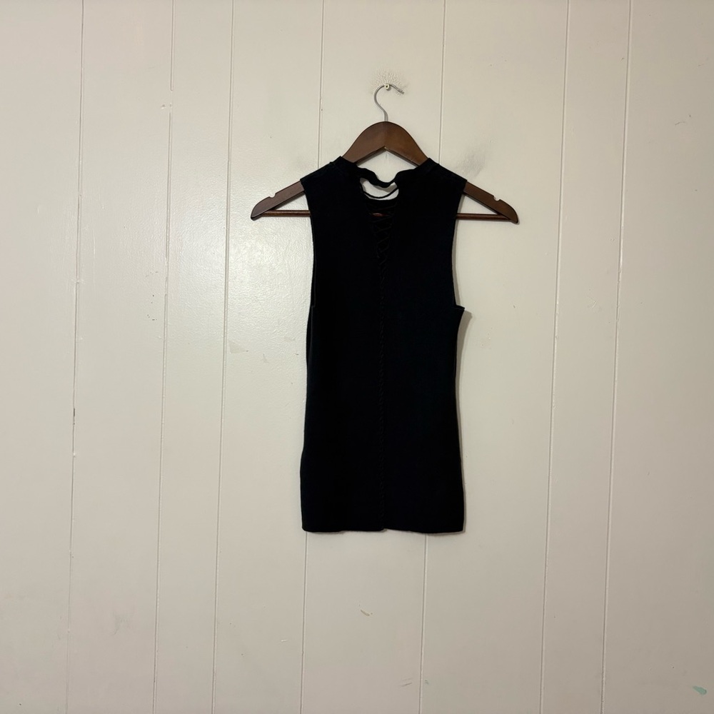 Minie Rose Black Ribbed Knit Tank Top Lace Up Back Sleeveless Size S